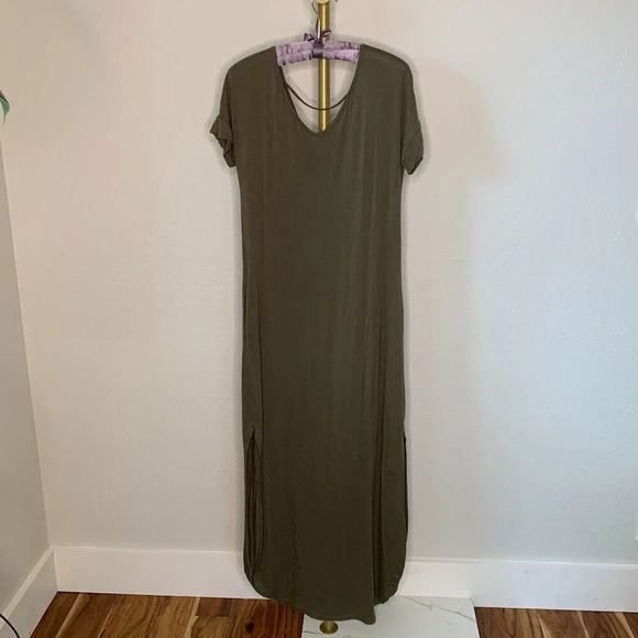 Women's Army Green Casual Loose Maxi Dress V-Neck Short Sleeve Pockets Size S - Picture 5 of 10